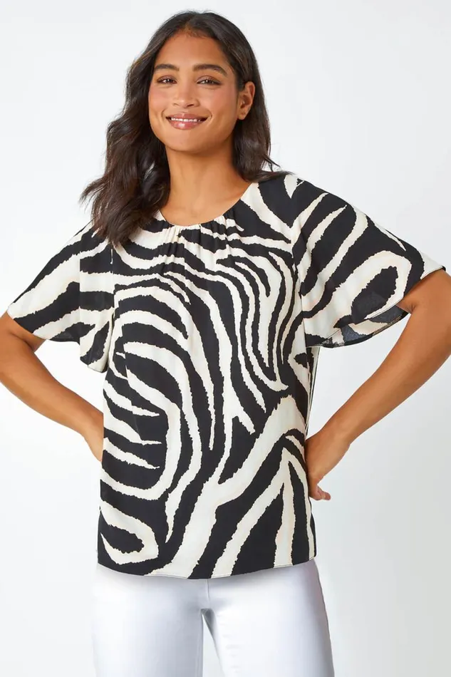 Black Animal Print Pleat Detail Top Women Roman Tops