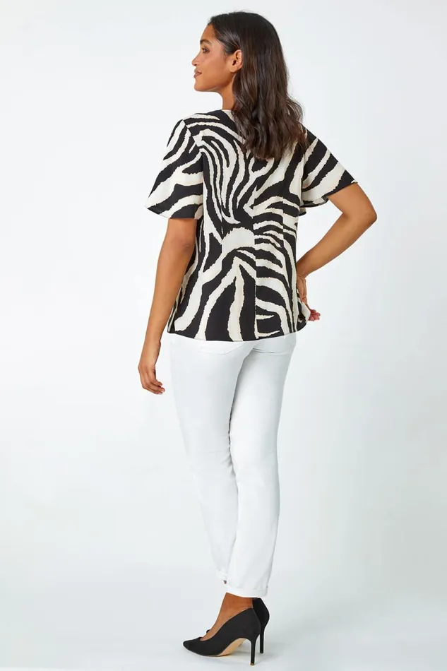 Black Animal Print Pleat Detail Top Women Roman Tops