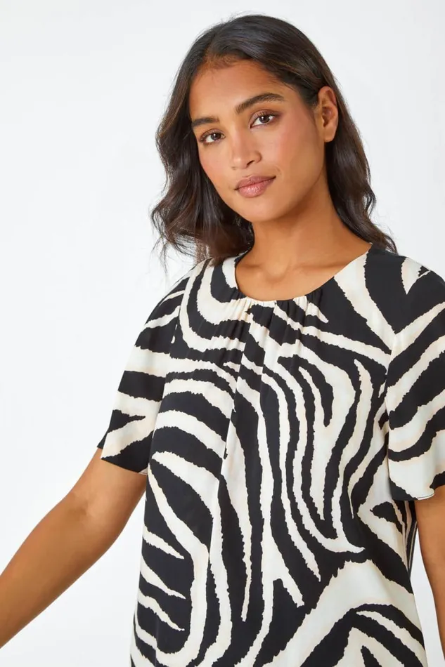 Black Animal Print Pleat Detail Top Women Roman Tops