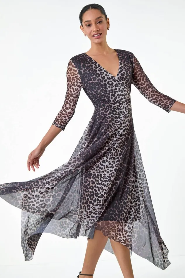 Black Animal Stretch Mesh Hanky Hem Wrap Dress Women Roman Dresses