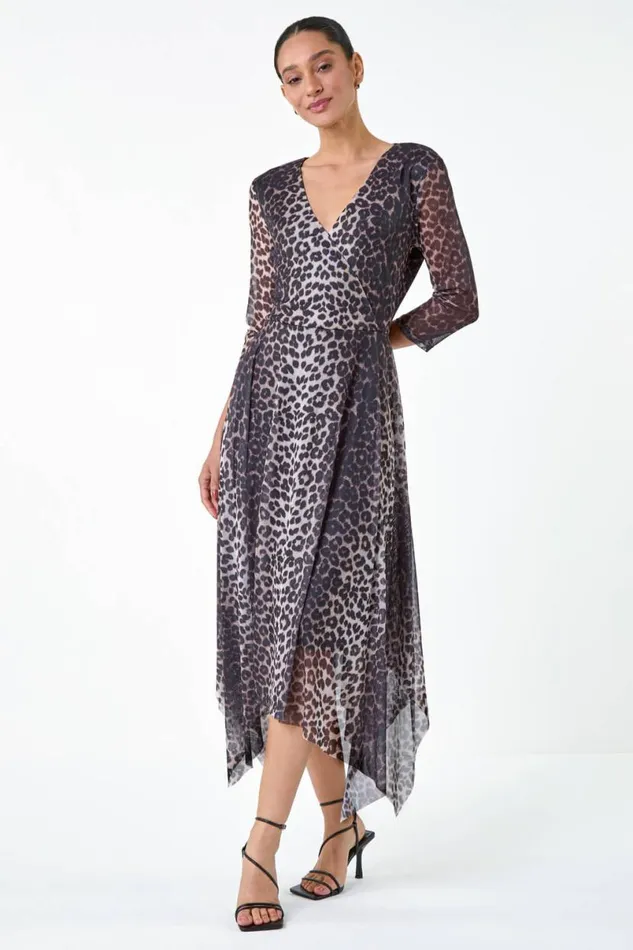 Black Animal Stretch Mesh Hanky Hem Wrap Dress Women Roman Dresses