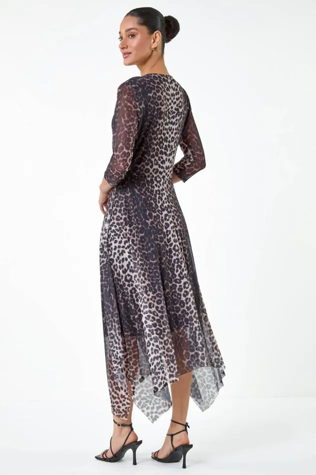 Black Animal Stretch Mesh Hanky Hem Wrap Dress Women Roman Dresses
