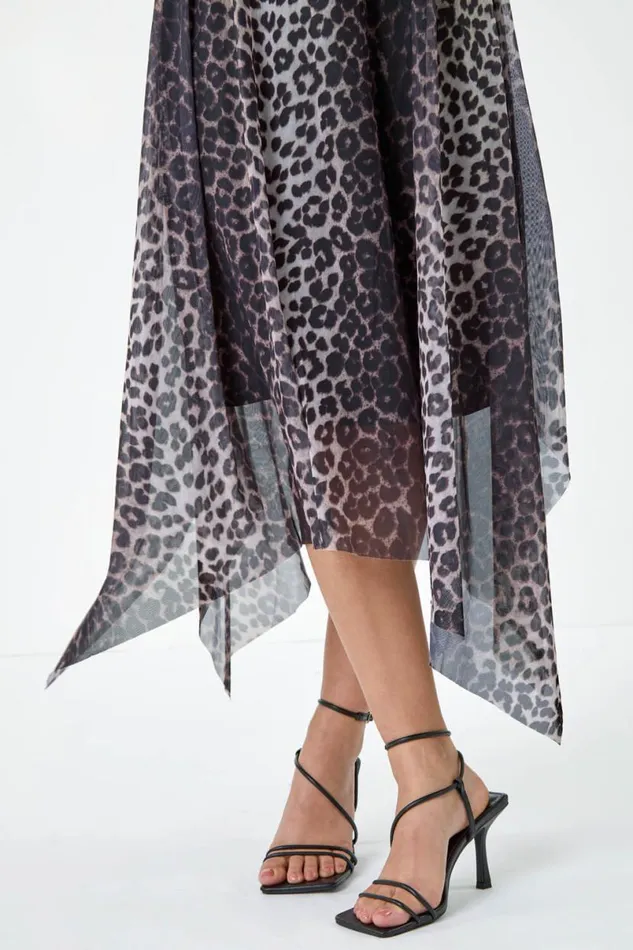 Black Animal Stretch Mesh Hanky Hem Wrap Dress Women Roman Dresses