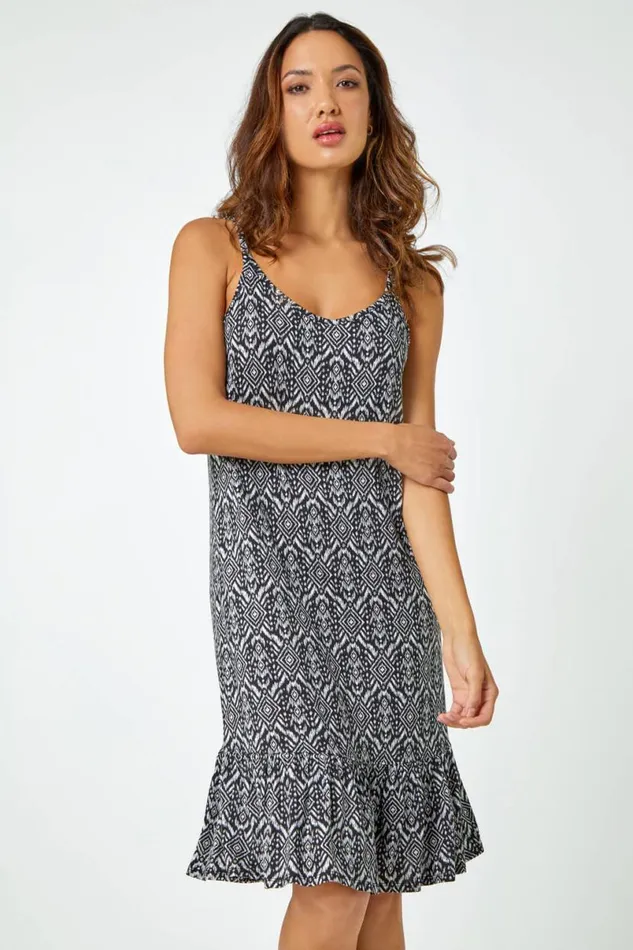 Black Aztec Print Sleeveless Stretch Dress Women Roman Dresses