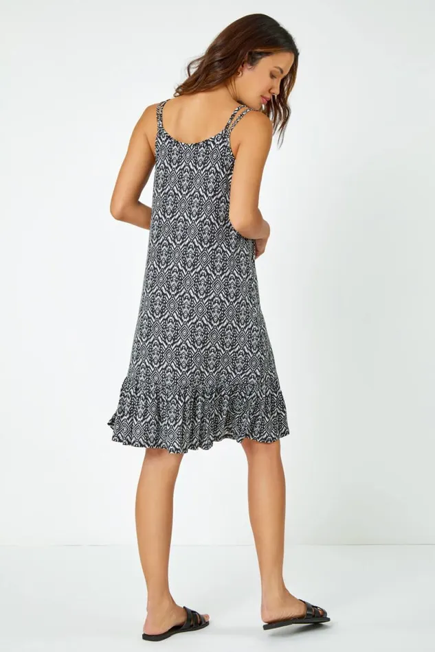 Black Aztec Print Sleeveless Stretch Dress Women Roman Dresses