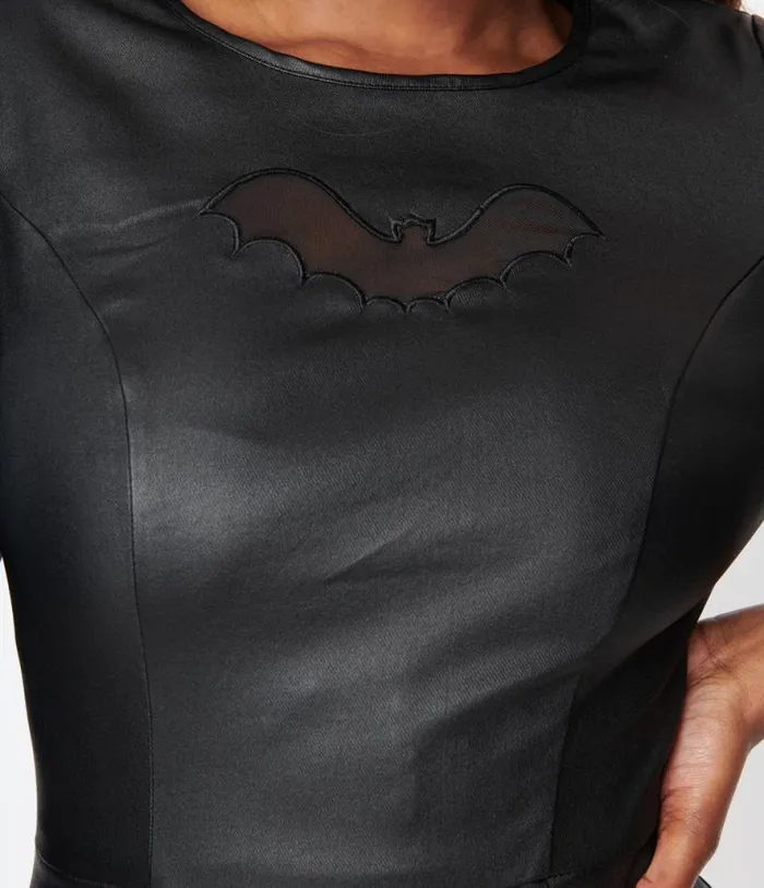 Black Bat Cutout Faux Leather Wiggle Dress DressesHalloweenPlus Unique Vintage Dresses