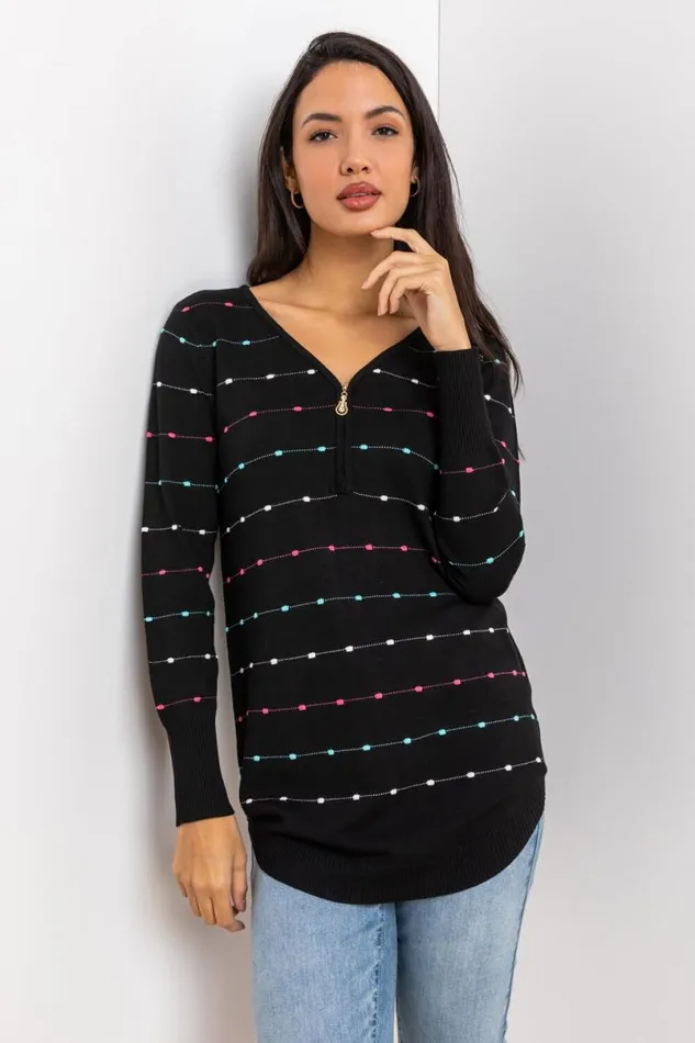 Black Bobble Knit Zip Detail VNeck Jumper Women Roman Knitwear