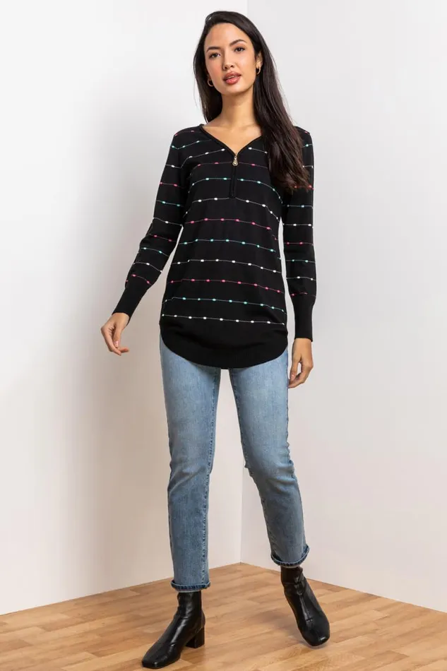 Black Bobble Knit Zip Detail VNeck Jumper Women Roman Knitwear