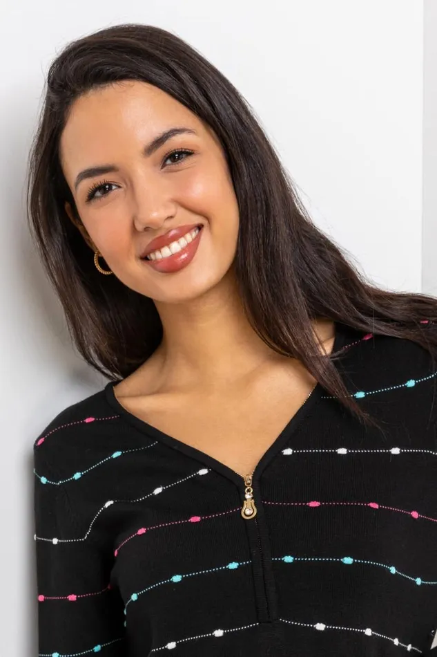 Black Bobble Knit Zip Detail VNeck Jumper Women Roman Knitwear