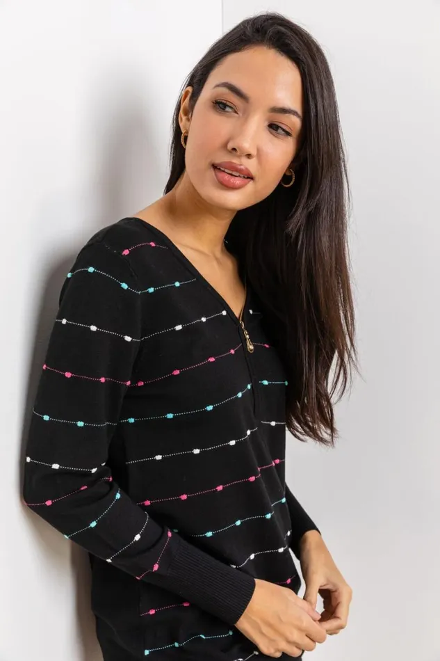 Black Bobble Knit Zip Detail VNeck Jumper Women Roman Knitwear