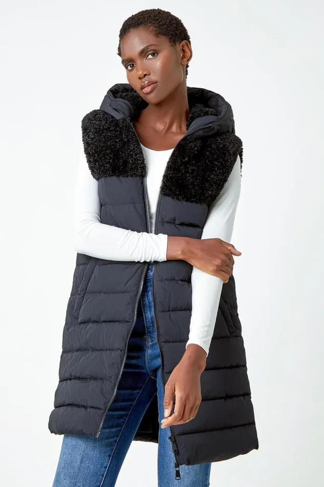 Black Borg Detail Longline Hooded Padded Gilet Women Roman Coats