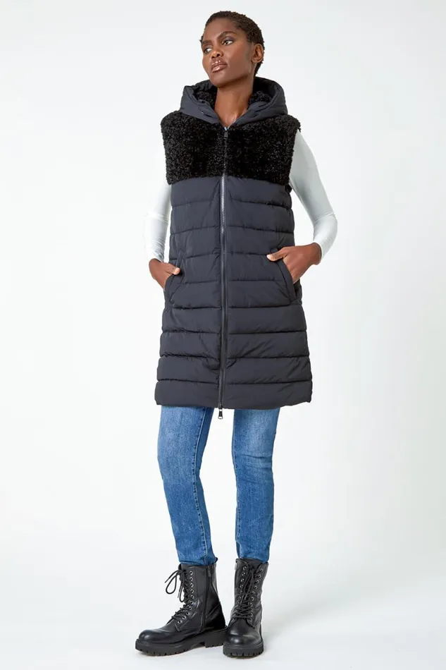 Black Borg Detail Longline Hooded Padded Gilet Women Roman Coats