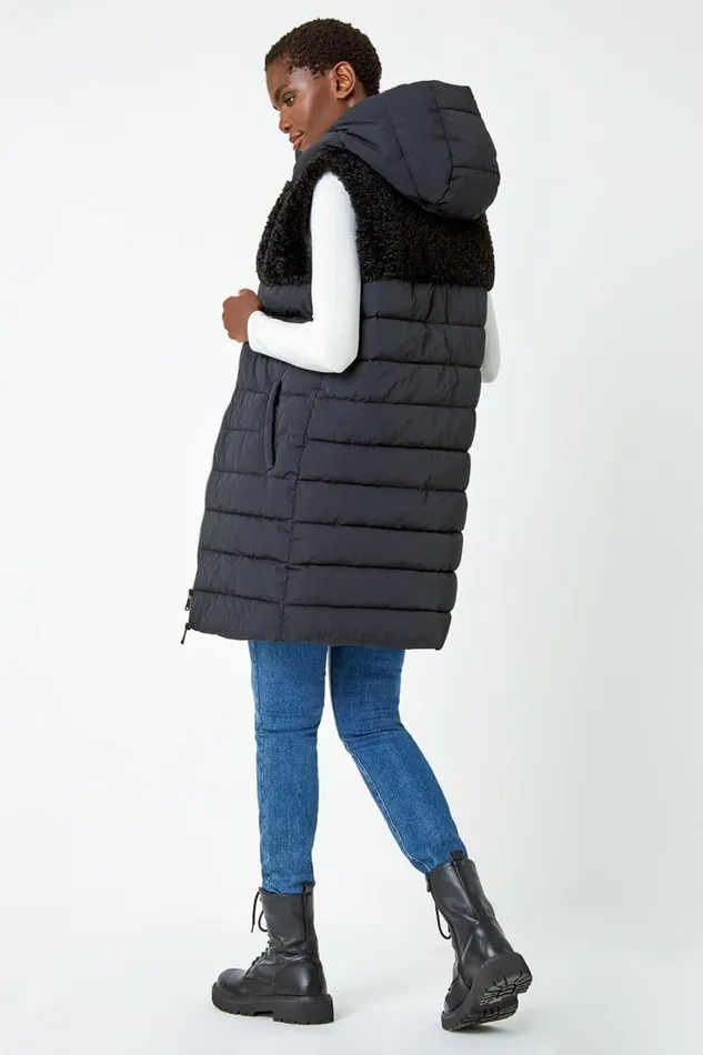 Black Borg Detail Longline Hooded Padded Gilet Women Roman Coats