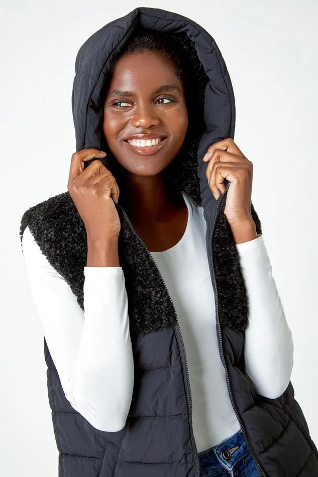 Black Borg Detail Longline Hooded Padded Gilet Women Roman Coats