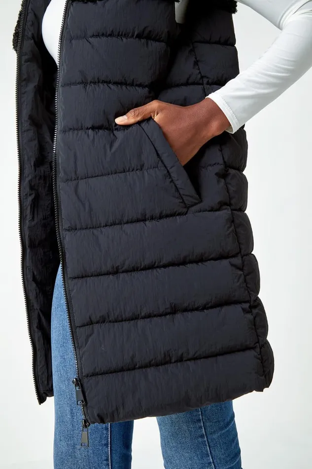 Black Borg Detail Longline Hooded Padded Gilet Women Roman Coats