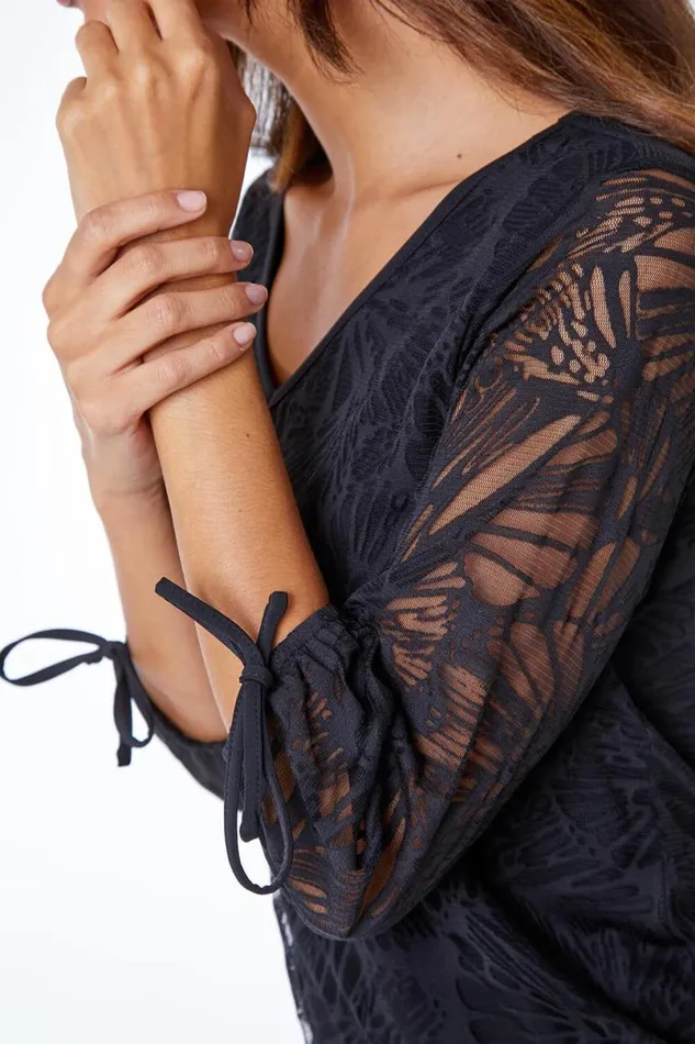 Black Burnout Print VNeck Overlay Stretch Top Women Roman Tops