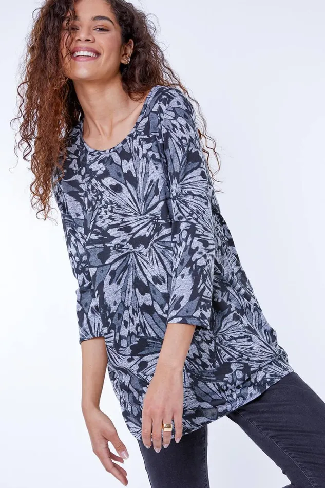 Black Butterfly Print Tunic Top With Snood Women Roman Tops