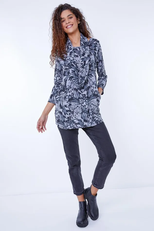 Black Butterfly Print Tunic Top With Snood Women Roman Tops
