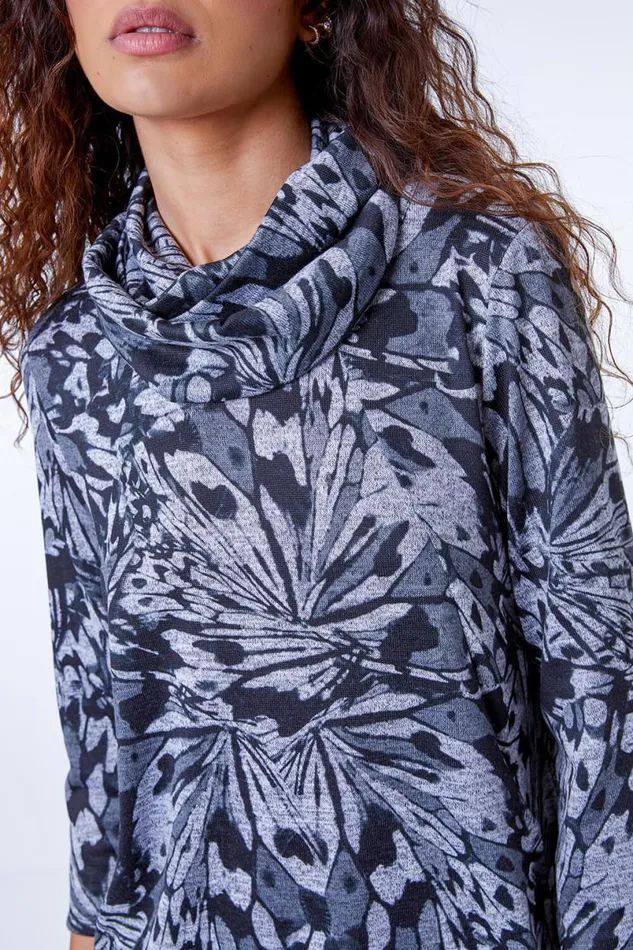 Black Butterfly Print Tunic Top With Snood Women Roman Tops