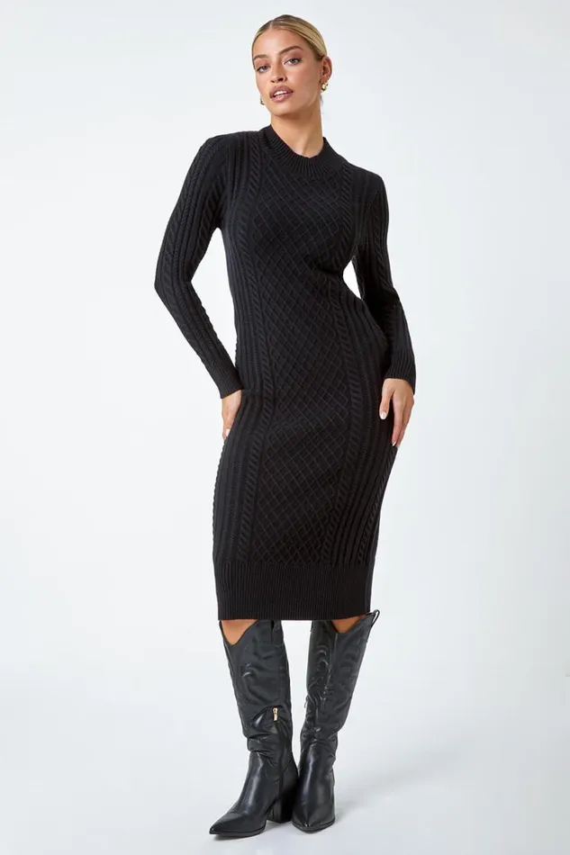 Black Cable Knit Midi Jumper Dress Women Roman Dresses