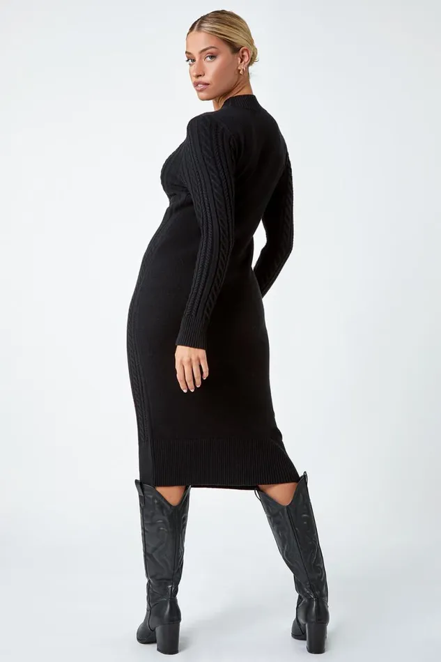Black Cable Knit Midi Jumper Dress Women Roman Dresses