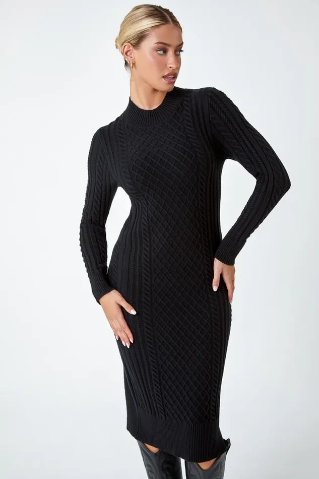 Black Cable Knit Midi Jumper Dress Women Roman Dresses