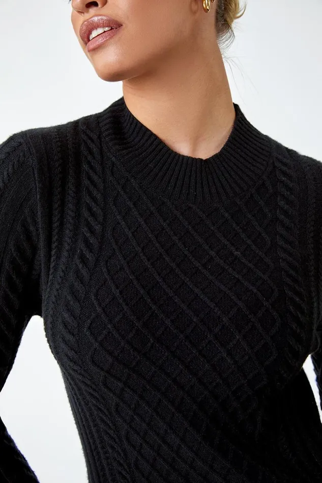 Black Cable Knit Midi Jumper Dress Women Roman Dresses