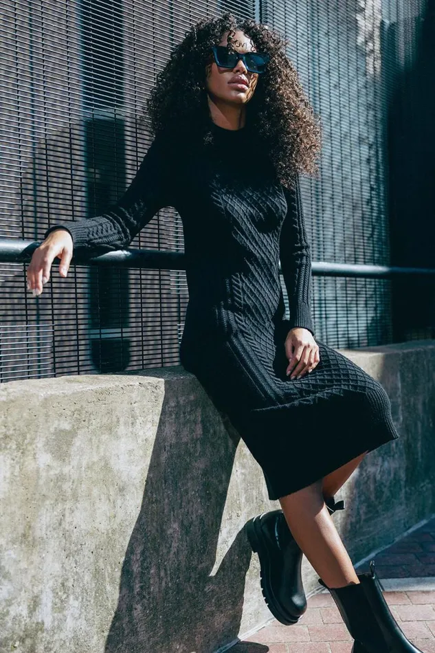 Black Cable Knit Midi Jumper Dress Women Roman Dresses