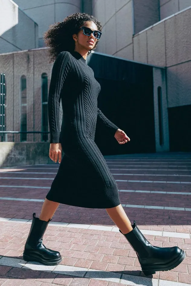 Black Cable Knit Midi Jumper Dress Women Roman Dresses