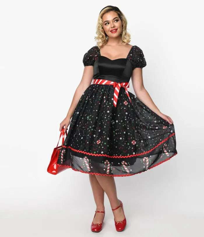 Black Candy Cane Sprinkles Swing Dress DressesPlus Unique Vintage Swing