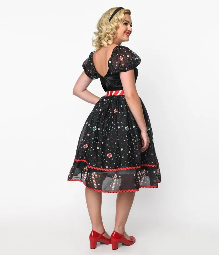Black Candy Cane Sprinkles Swing Dress DressesPlus Unique Vintage Swing
