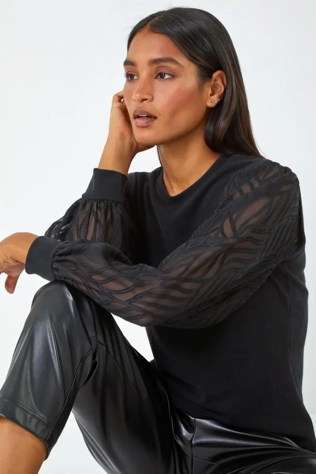 Black Chiffon Sleeve Overlay Stretch Top Women Roman Tops