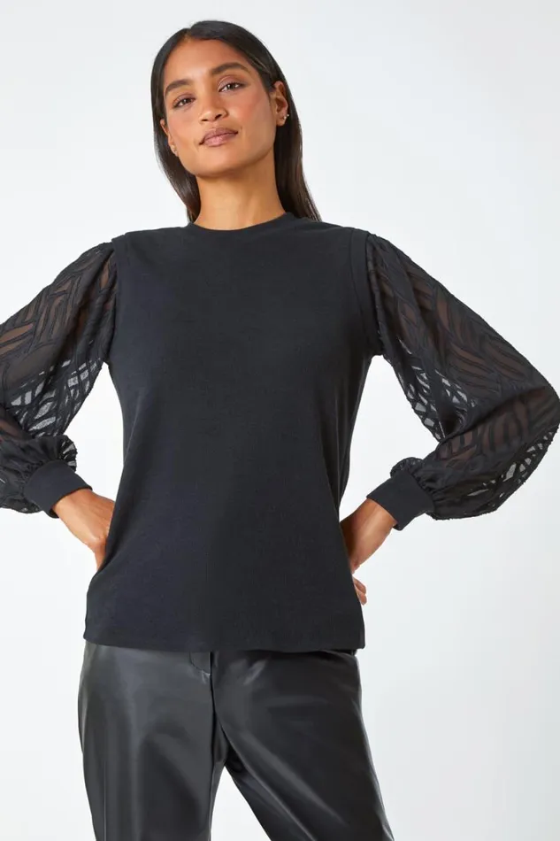 Black Chiffon Sleeve Overlay Stretch Top Women Roman Tops