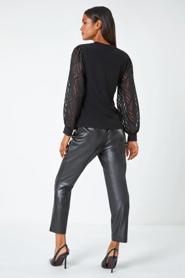 Black Chiffon Sleeve Overlay Stretch Top Women Roman Tops