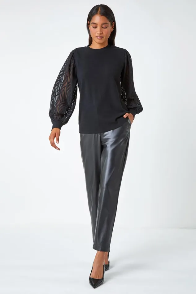 Black Chiffon Sleeve Overlay Stretch Top Women Roman Tops