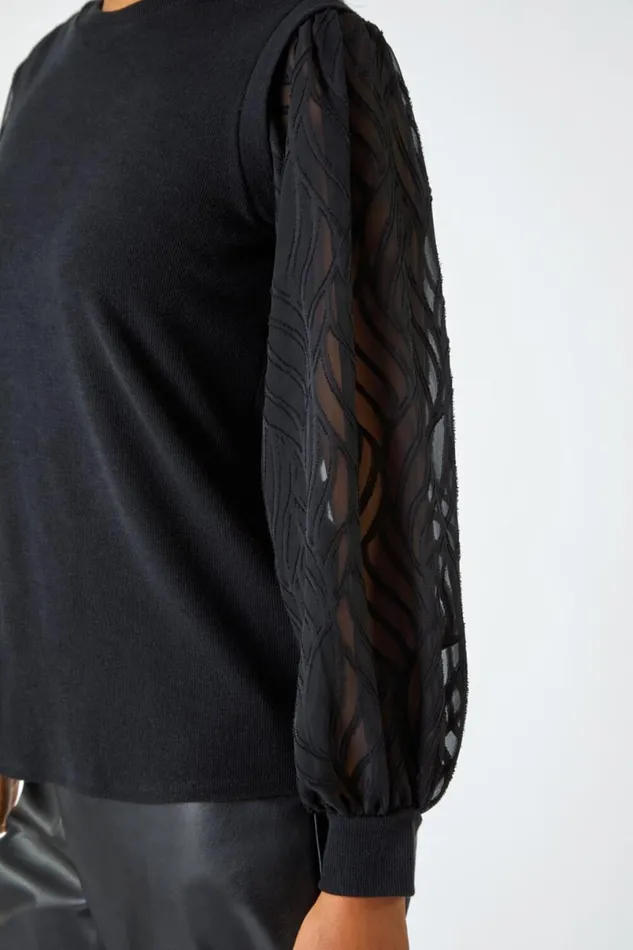 Black Chiffon Sleeve Overlay Stretch Top Women Roman Tops