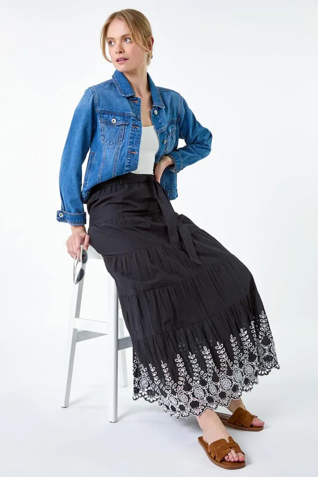 Black Cotton Broderie A Line Tiered Maxi Skirt Women Roman Skirts