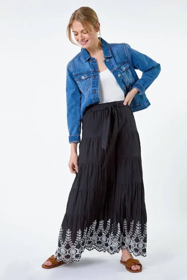 Black Cotton Broderie A Line Tiered Maxi Skirt Women Roman Skirts