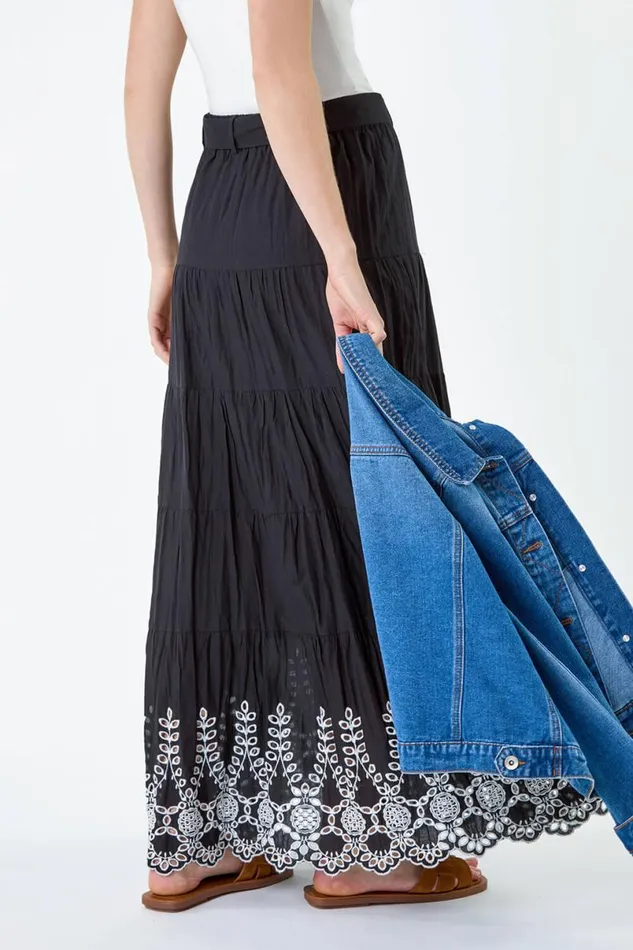 Black Cotton Broderie A Line Tiered Maxi Skirt Women Roman Skirts