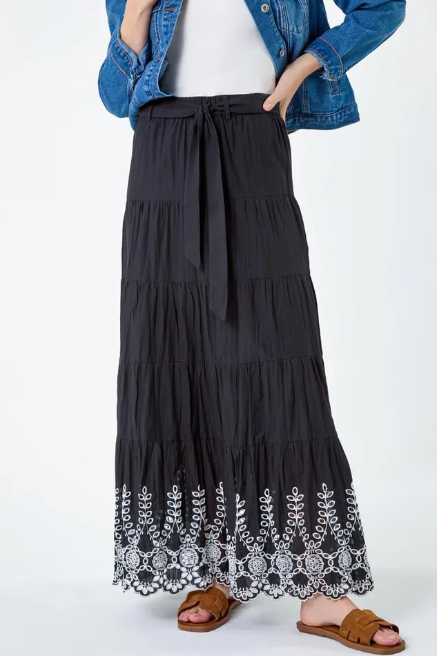 Black Cotton Broderie A Line Tiered Maxi Skirt Women Roman Skirts