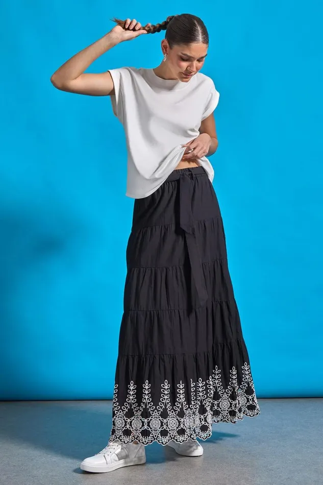 Black Cotton Broderie A Line Tiered Maxi Skirt Women Roman Skirts
