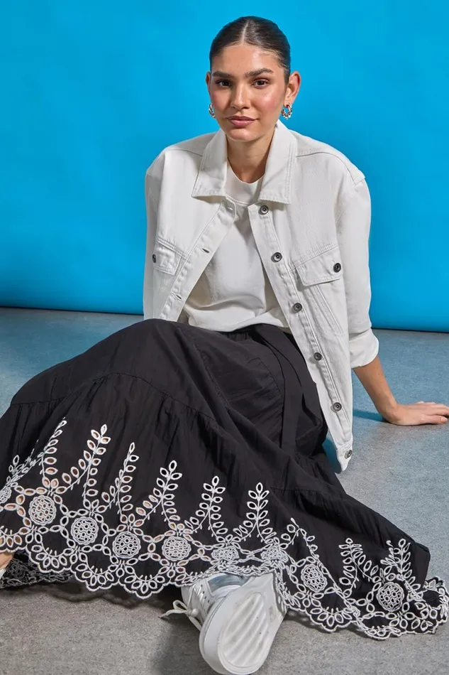 Black Cotton Broderie A Line Tiered Maxi Skirt Women Roman Skirts
