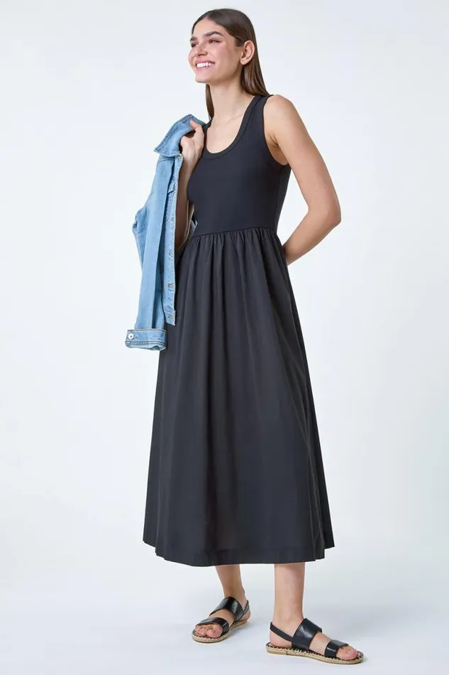 Black Cotton Stretch Jersey Mix Midi Dress Women Roman Dresses