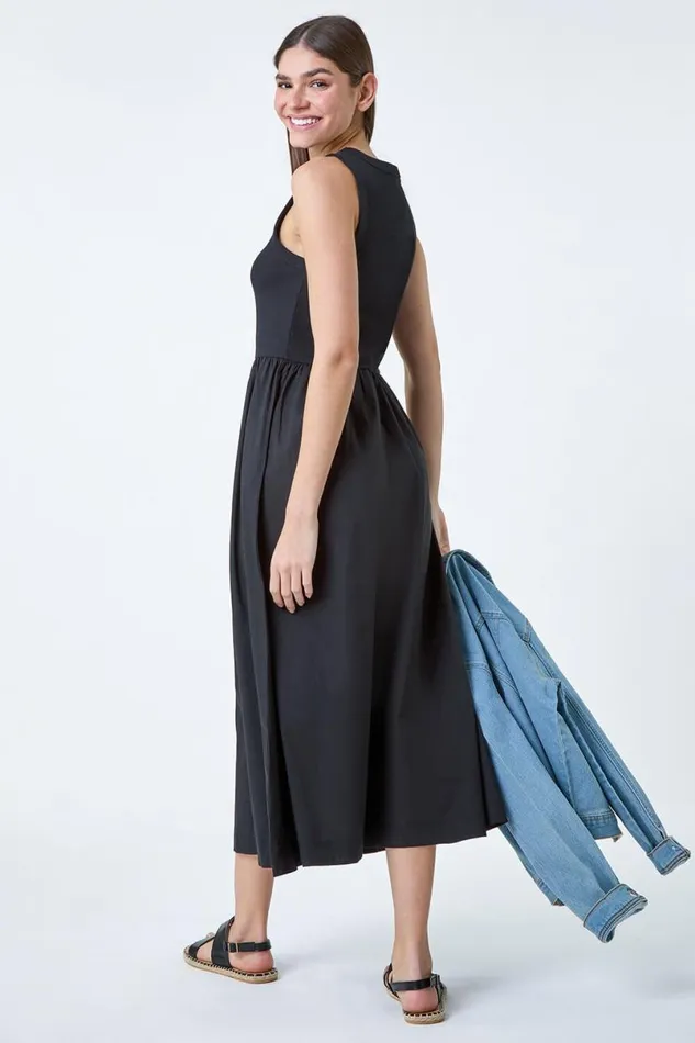 Black Cotton Stretch Jersey Mix Midi Dress Women Roman Dresses