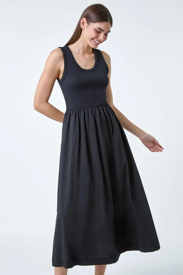 Black Cotton Stretch Jersey Mix Midi Dress Women Roman Dresses