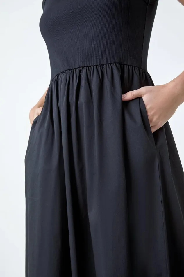 Black Cotton Stretch Jersey Mix Midi Dress Women Roman Dresses