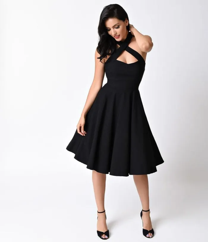 Black Criss Cross Halter Rita Flare Dress Dresses Unique Vintage Pocket Dresses