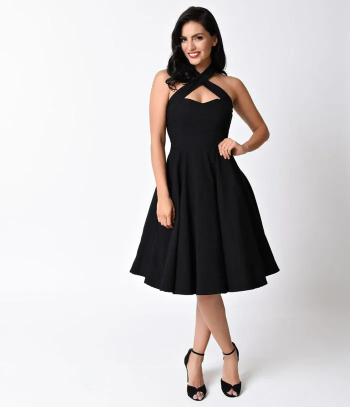 Black Criss Cross Halter Rita Flare Dress Dresses Unique Vintage Pocket Dresses