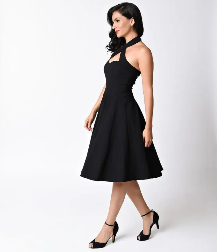 Black Criss Cross Halter Rita Flare Dress Dresses Unique Vintage Pocket Dresses