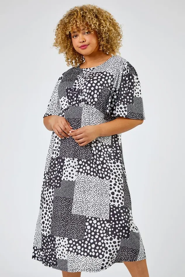 Black Curve Abstract Spot Print Midi Dress Women Roman Dresses